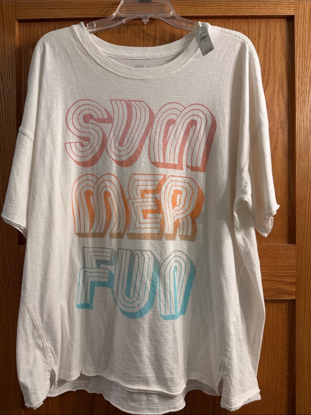 aerie White Short Sleeve Tee with Pink, Orange & Teal Graphic